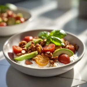 Snack bowl with avocado, cherry tomatoes, and nuts for glowing skin.
