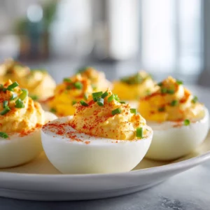 Deviled eggs with paprika and fresh herbs, creamy filling piped perfectly.
