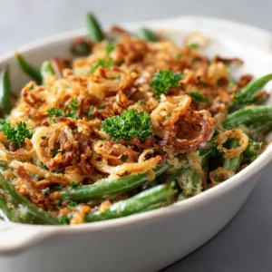 Cheesy Southern green bean casserole baked with crispy onions for a golden finish.