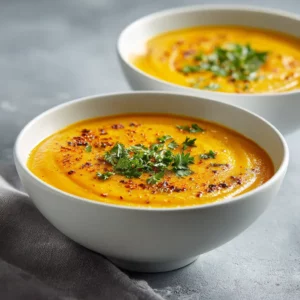 Smooth vegan carrot and potato soup with turmeric, swirled with coconut milk and fresh cilantro garnish.