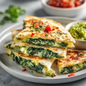 Crispy spinach and feta quesadilla cut into wedges with melted cheese oozing out