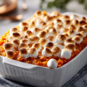 Sweet Potato Casserole topped with golden marshmallows and graham cracker crumble.