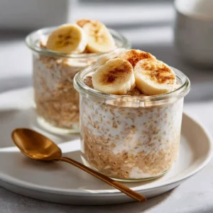 Overnight oats with brown sugar and bananas in a jar, perfect make-ahead breakfast.