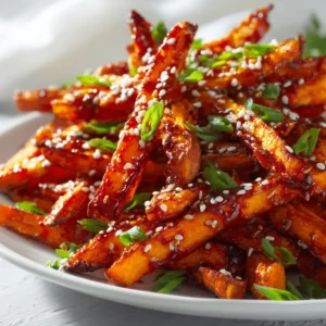 Vegan Korean sweet potato fries with maple glaze and sesame garnish