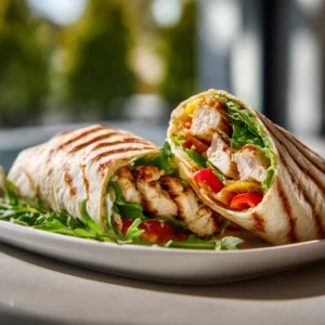 Fresh grilled chicken wrap with lettuce, tomato, and ranch dressing.