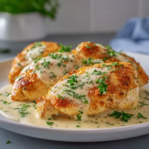 Golden baked chicken breasts with creamy garlic yogurt topping.