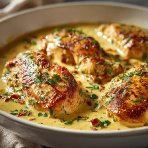 Creamy butter chicken skillet with chicken breasts in rich sauce.