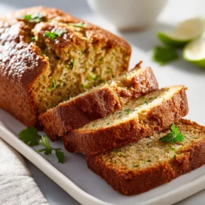 Freshly baked moist zucchini bread with walnuts and golden crust, sliced on white plate.