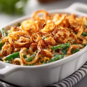 Cheesy green bean casserole with golden onion topping.