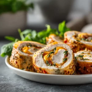 Cheddar turkey roll ups with spinach and cream cheese, sliced into pinwheels on a plate.