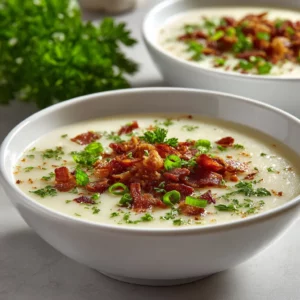 Creamy potato soup in a bowl topped with melted cheddar and beef bacon crumbles