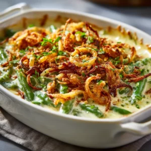 Creamy green bean casserole with golden crispy fried onion topping.