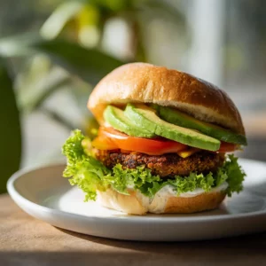 Vegan bean burger in lettuce wrap with fresh tomato slices.