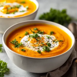 Chunky carrot potato soup with creamy coconut swirl served hot in a white bowl.