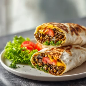 Vegan cheeseburger wrap sliced in half showing melted vegan cheese and crisp veggies.