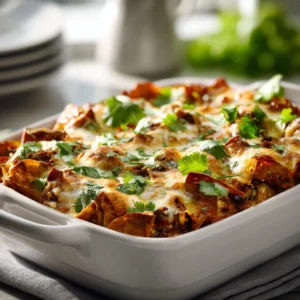 A slice of vegetarian Mexican casserole with layers of beans, corn, and cheese served on a plate with cilantro garnish.