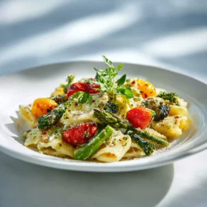 Vegetarian Pasta Primavera with broccoli, squash, and peppers tossed in pasta with basil garnish.