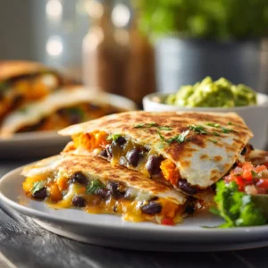Crispy veggie quesadilla healthy recipe filled with black beans, sweet potato, and cheese, served with salsa and guacamole.