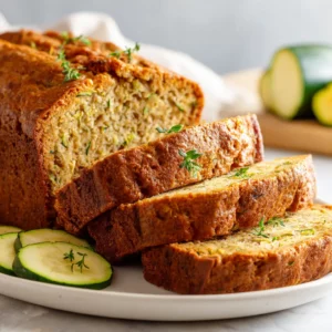 Moist zucchini banana bread slices with walnuts on white platter.