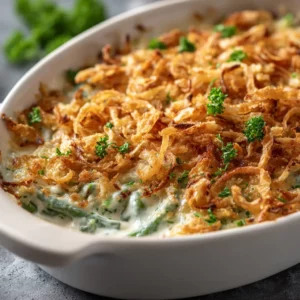 Cheesy green bean casserole with crispy onions baked golden brown.