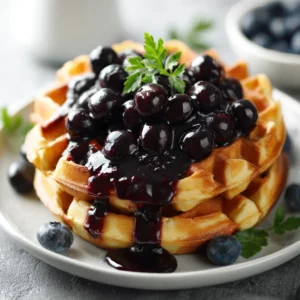 Pouring huckleberry syrup over stacked waffles with a glossy finish.