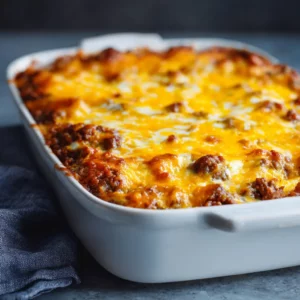 4-Ingredient Ground Beef Casserole 3 Close-up of 4-Ingredient Ground Beef Casserole, melted cheese and creamy layers, perfect for Easy Hamburger Meat Recipes and Dinner Ideas With Ground Beef.