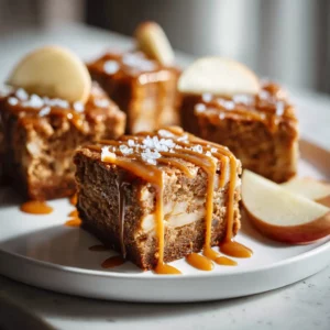 Close-up of Caramel Apple Blondies with Sea Salt, chewy texture, golden crust, drizzled caramel.