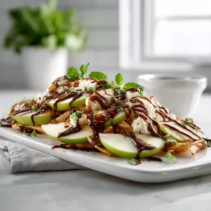 Caramel Apple Nachos with Chocolate Drizzle – crisp apples topped with caramel, chocolate, and festive toppings.