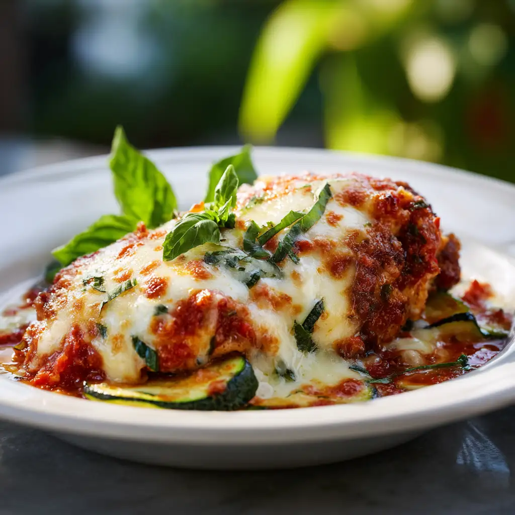 Close-up of Chicken Zucchini Parmesan Crockpot Casserole — a cheesy, healthy slow cooker dinner with tender chicken and zucchini.