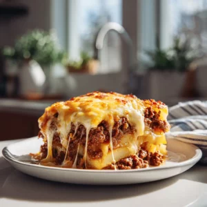 Cheesy Ground Beef & Potato Bake 2 Cheesy Ground Beef & Potato Bake with layers of creamy potatoes, juicy beef, and melted cheddar, perfect for Easy Hamburger Meat Recipes and Ground Beef Casserole Recipes.