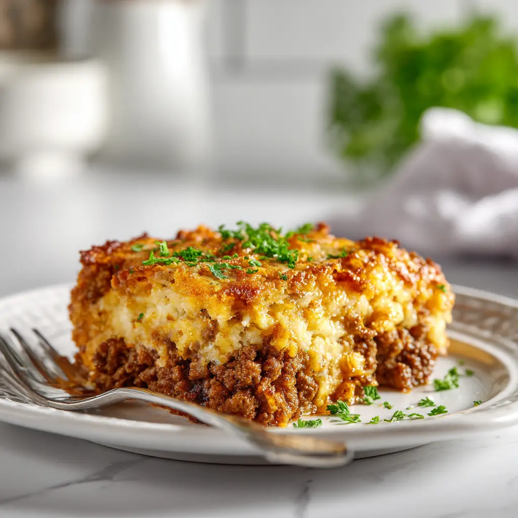 Classic Ground Beef & Onion Casserole served warm with golden edges and tender onions a comforting dinner idea for busy nights.