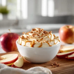 Ultra-creamy caramel apple dip topped with toffee bits, perfect Thanksgiving dessert recipe.