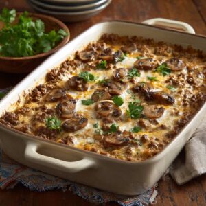 Creamy Beef and Mushroom Casserole 3 Creamy Beef and Mushroom Casserole baked golden with cheese and parsley, perfect for Easy Hamburger Meat Recipes and Ground Beef Casserole Recipes.