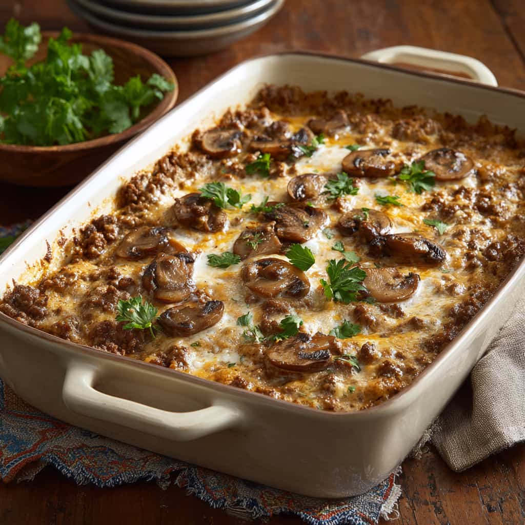 Creamy Beef and Mushroom Casserole baked golden with cheese and parsley, perfect for Easy Hamburger Meat Recipes and Ground Beef Casserole Recipes.