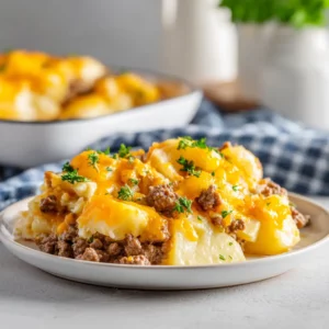 Hobo Casserole with Potatoes and Cheese 3 Close-up of Hobo Casserole with Potatoes and Cheese, a creamy ground beef casserole topped with melted cheese, served hot for dinner.