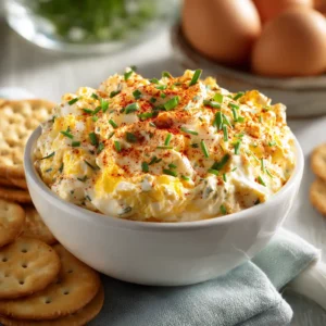 Deviled Egg Dip with Crackers – creamy, tangy party appetizer perfect for holidays and gatherings.
