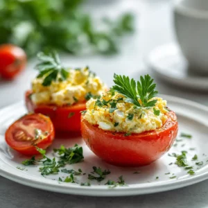Ultra-fresh Egg Salad Stuffed Tomatoes appetizer with creamy filling, served as an easy party recipe.