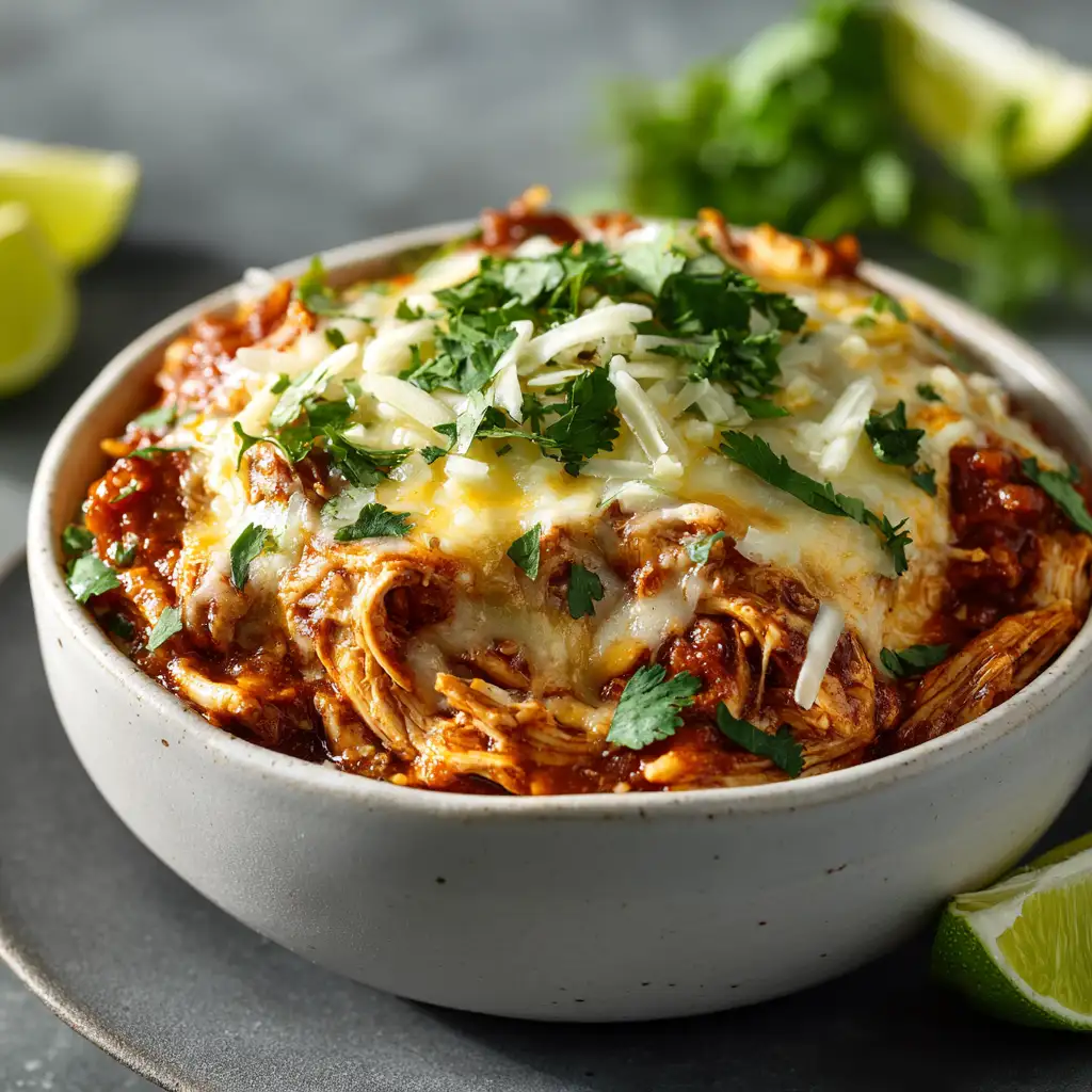 Gluten-Free Chicken Taco Crockpot Casserole in a slow cooker topped with melted cheese and cilantro, perfect for easy weeknight dinners.