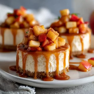 Mini Caramel Apple Cheesecakes topped with cinnamon apples and caramel drizzle, perfect Thanksgiving Treats.