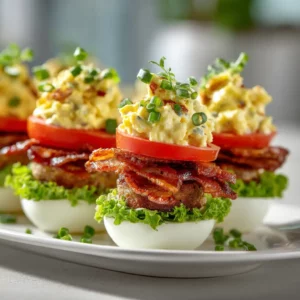 Mini Deviled Egg Sliders – fun bite-sized appetizer with creamy filling and beef bacon.