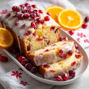 Moist Cranberry Bread with Fresh Cranberries soft orange loaf topped with glaze, perfect for holiday brunches.