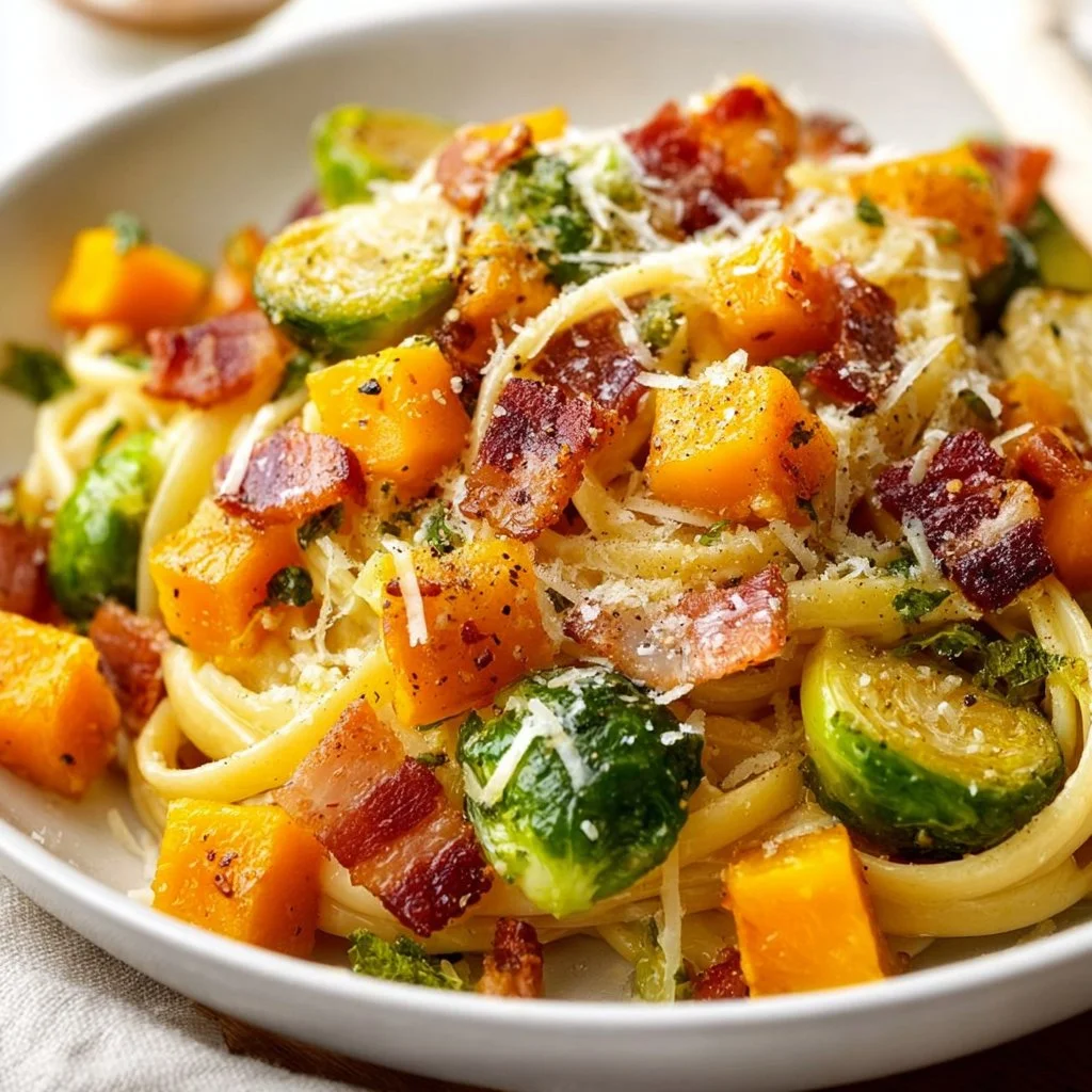 Bacon pasta with Brussels sprouts and butternut squash served in a bowl