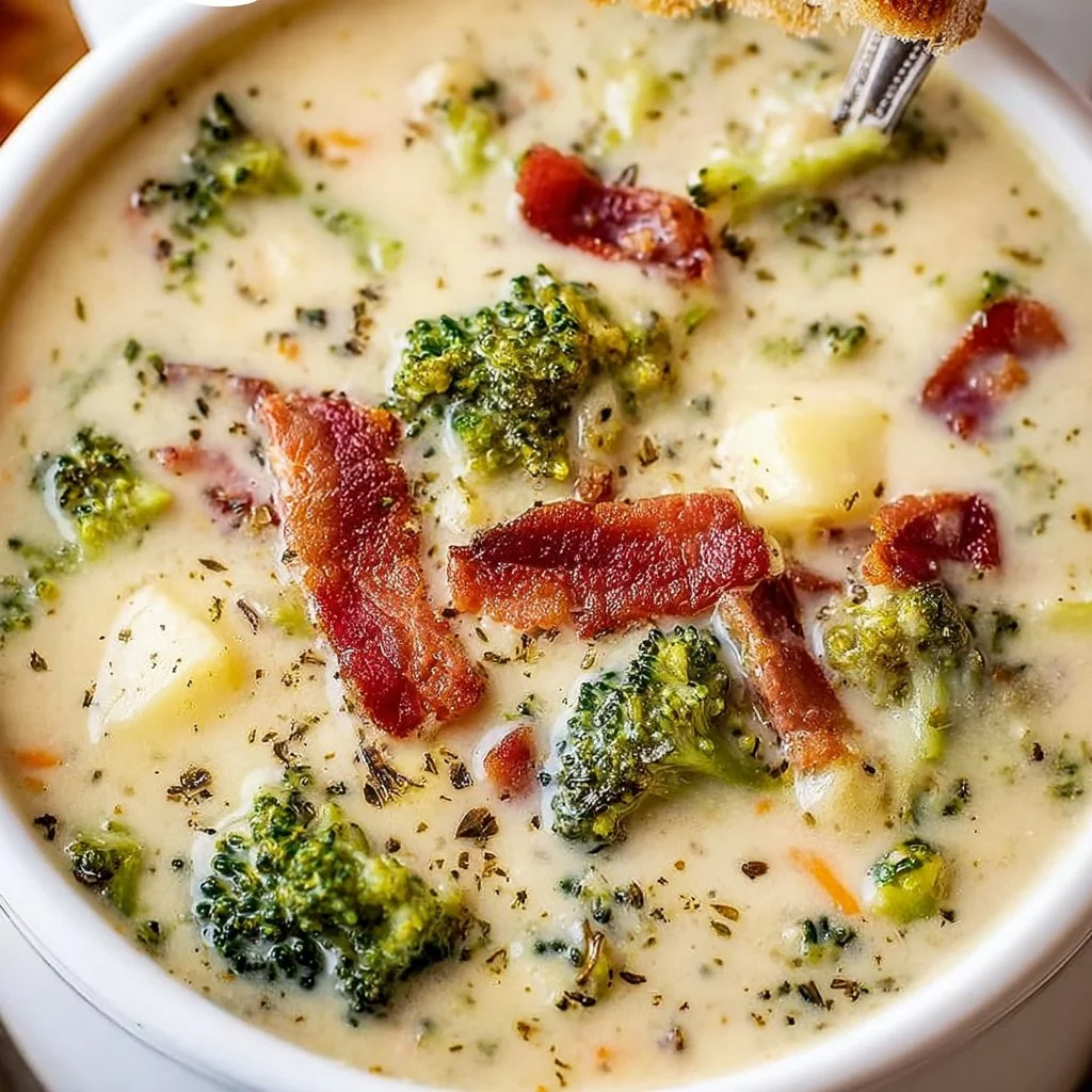 Bowl of creamy broccoli potato soup garnished with fresh herbs