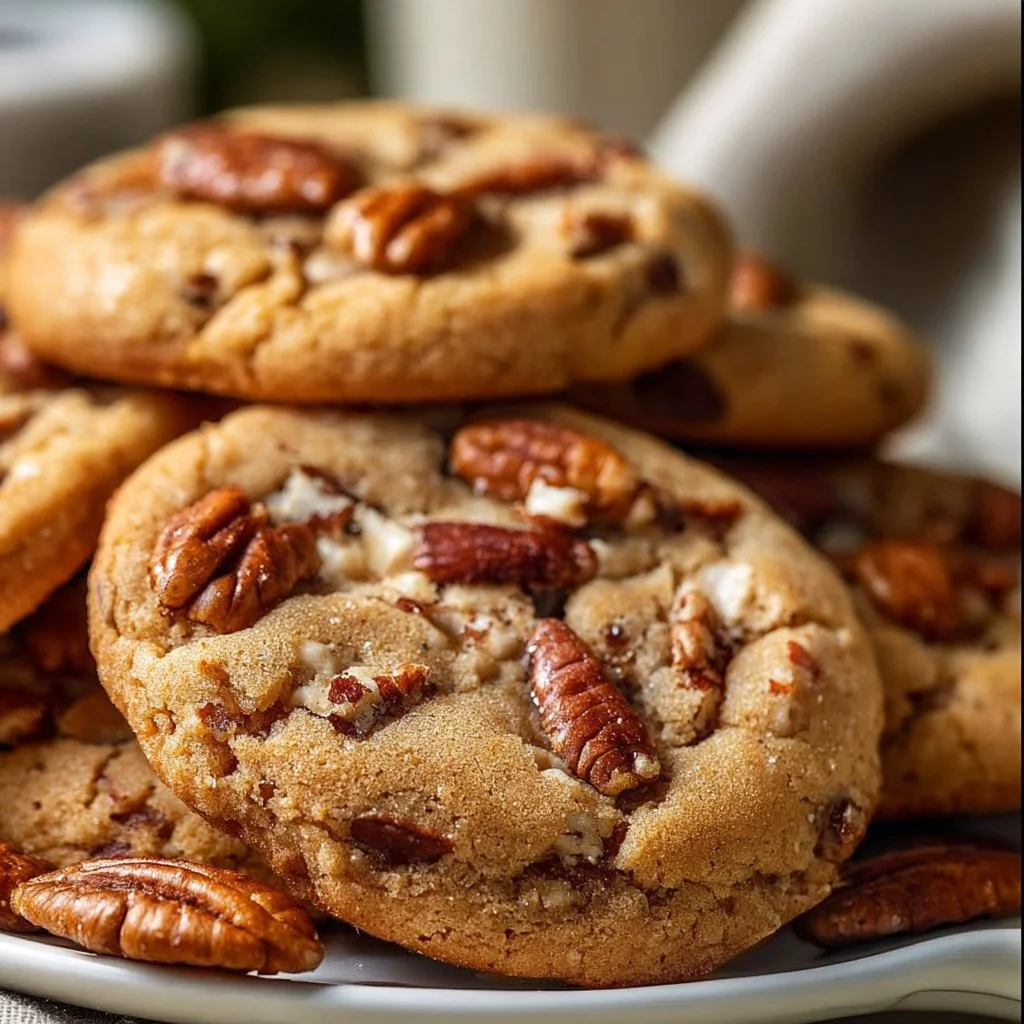 Freshly baked butter pecan cookies with pecan pieces