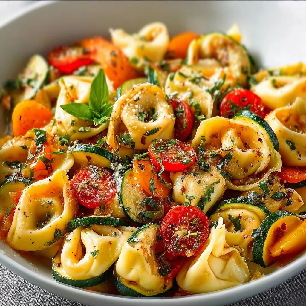 Plate of cheese tortellini with summer vegetables, showcasing a delicious recipe.