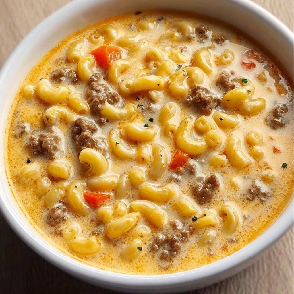 Bowl of creamy Cheeseburger Macaroni Soup topped with cheese and herbs