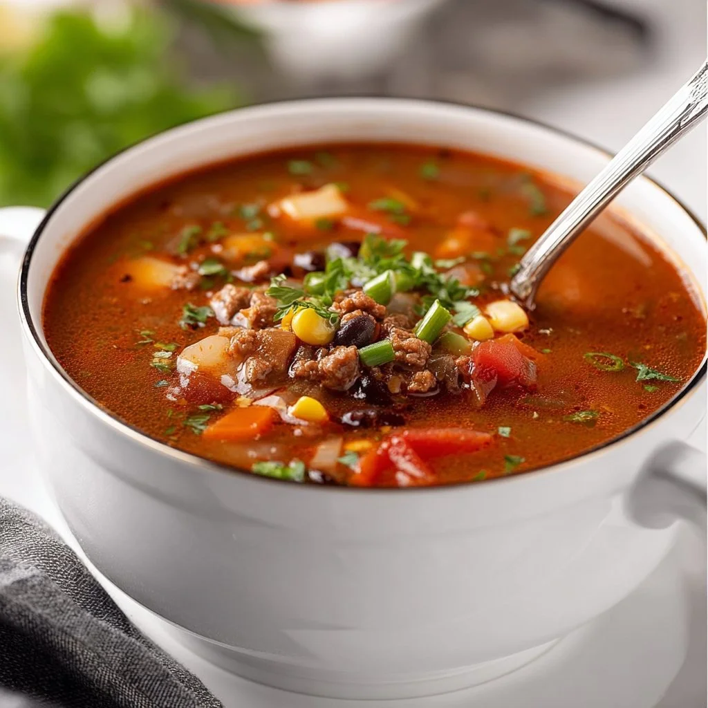 Bowl of hearty Cowboy Soup with beans and vegetables