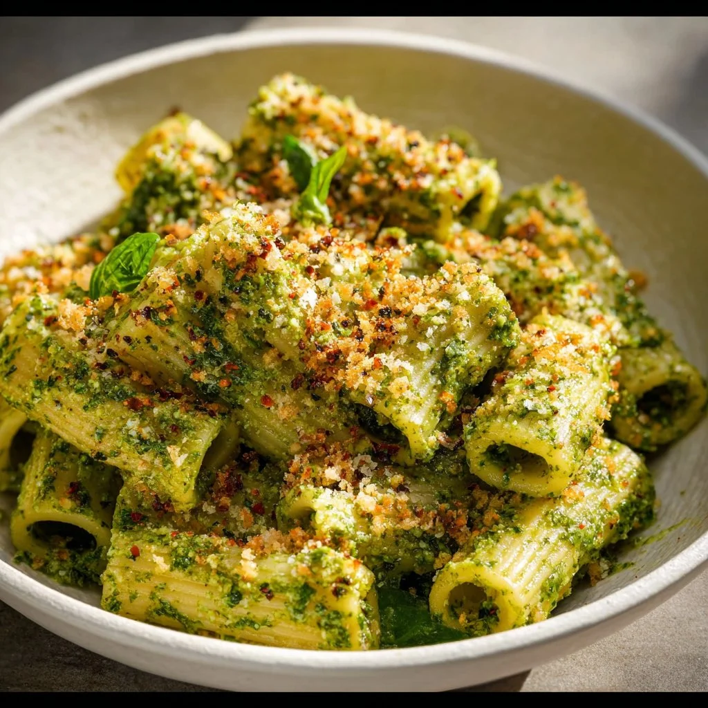 Creamy pesto rigatoni dish with chili garlic breadcrumbs