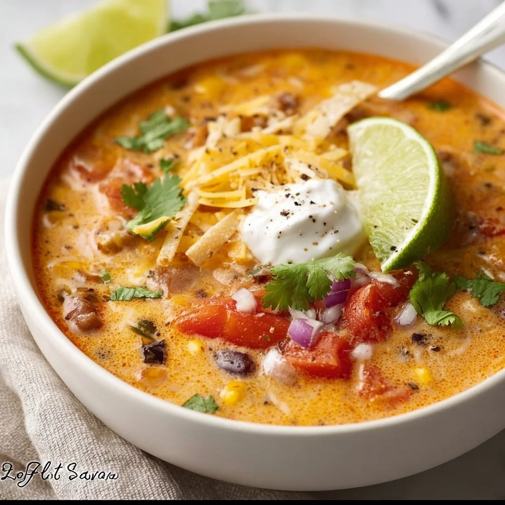 Bowl of creamy taco soup topped with cheese and cilantro