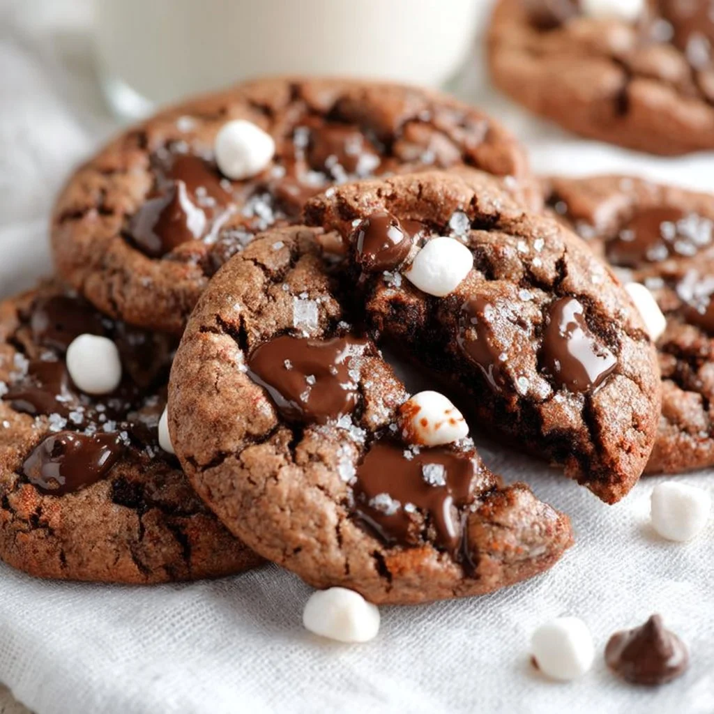 Fudgy brownie hot chocolate cookies topped with chocolate drizzle